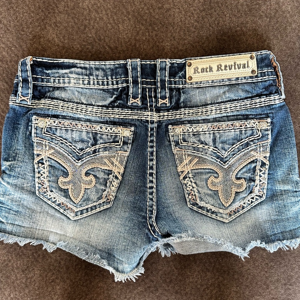 Rock Revival Blue Jean Shorts with Distressed Frayed Hem
